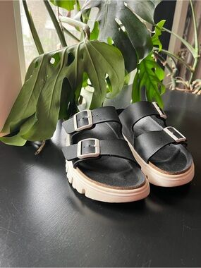 Birkenstock Black Double-Buckle Platform Sandals with Cream Sole